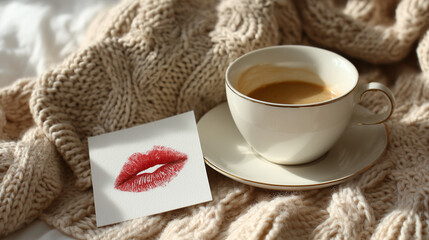 Cozy Coffee Cup With Lipstick Kiss Card Resting On Soft Beige Knit Blanket