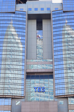 TOKYO, JAPAN - November 30, 2025: Detail of TBS Broadcasting Center in Tokyo's Akasaka area. 