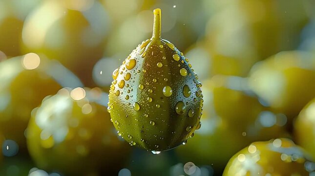 Close-up shot of a single fresh green caper adorned with numerous sparkling water droplets against a soft, blurred yellow-green background, highlighting its natural freshness.