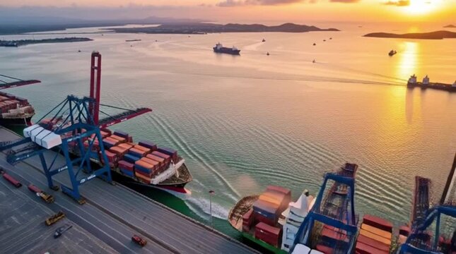 Aerial view of shipping container port terminal. Colourful pattern of containers in harbor. Maritime logistics global inport export trade transportation.