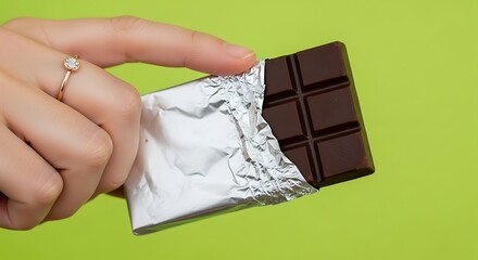 Hand holding a dark chocolate bar unwrapped from silver foil against a vibrant green background, closeup shot