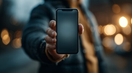 Person Holding Smartphone with Blank Screen in Evening Urban Setting for Mobile App Presentation Digital Advertising and Product Mockup