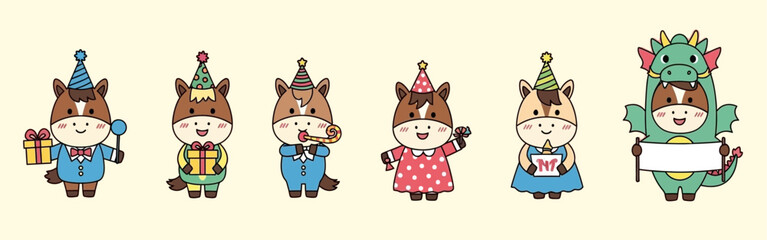 Adorable Cartoon Horses Celebrating a Birthday and Dressing Up in Costumes