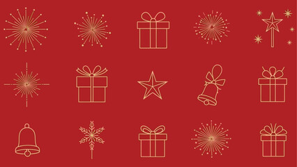Luminous Golden Line Art Icons Set for Festive Christmas and New Year Celebrations on Red