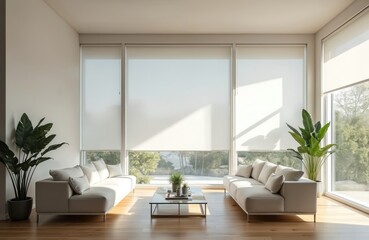 Fototapeta premium Modern home living room shows two light cream sofas, glass coffee table, wood floor. Large windows feature white roller blinds filtering soft natural light during daytime. Green potted plants fill
