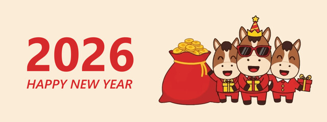 Joyful 2026 New Year Celebration Graphic with Cute Cartoon Horses and Prosperity Theme