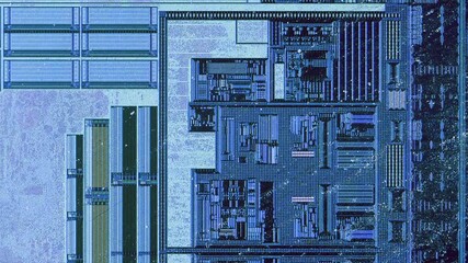 Microchip integrated circuit architecture under microscope