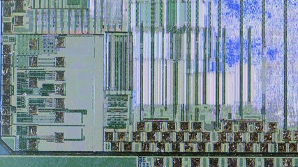 Microchip integrated circuit architecture under microscope