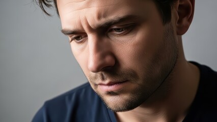 Pensive young adult male in thoughtful mood with furrowed brow