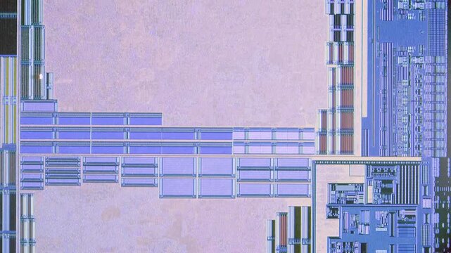 Microchip integrated circuit architecture under microscope