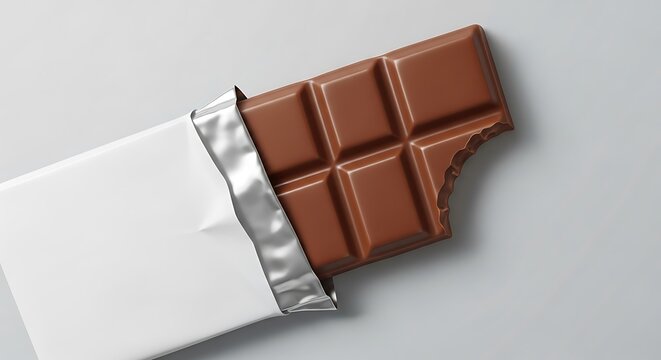 A delicious milk chocolate bar with a bite taken out, partially unwrapped from its white and silver foil packaging, isolated on a plain white background