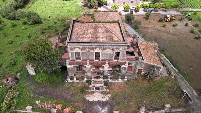 Abandoned Villa di Don Ciccio, Real-life Location Of Godfather Part II Film In Sicily, Italy. Aerial Tilt-up Shot