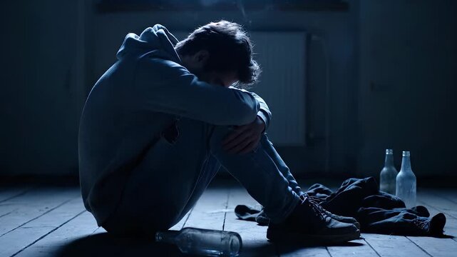 Man sits on floor hugging knees. Man shows sadness and despair. Empty bottle lies beside him and alcohol bottles stand nearby. Scene evokes loneliness and depression. Addiction intoxication concept.