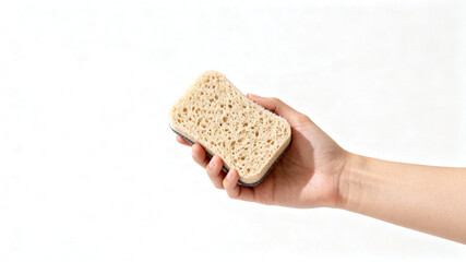 Hand Holding a Porous Cleaning Sponge on a White Background