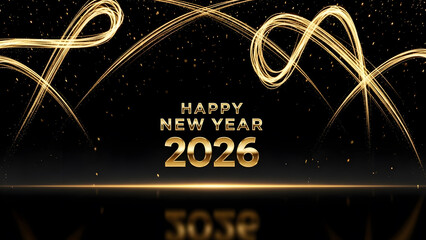 Elegant happy new year 2026 celebration with golden light trails and sparkling confetti