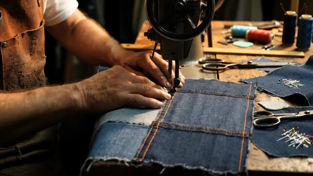 Sewing denim patch with machine. Tailor guides jean with steady hand. Patch repair and garment reinforcement. Spool thread and tools on wooden table. Artisan makes precise stitch for durable jean.
