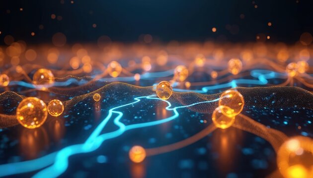 Abstract network of glowing orbs and flowing blue lines on dark background. Digital particles form wavy structures. Futuristic data transfer, cyberspace grid.