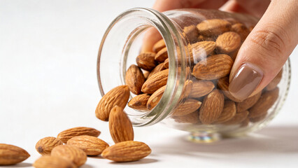 Hand pouring almonds from a glass jar onto a white surface