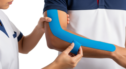 Physical therapist applies blue kinesiology tape to athlete's upper arm.