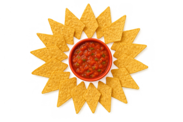 Tortilla chips with salsa dip arranged in a sun shape, traditional mexican food and appetizer on transparent background