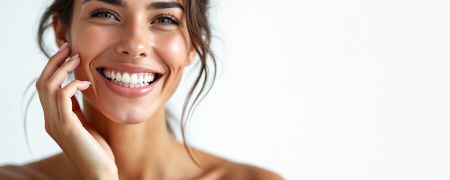 Young woman smiles showing perfect white teeth. Healthy smile, clean mouth, and radiant skin. She touches her face gently, exuding happiness and well being.