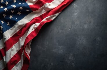 American flag waving on dark textured background. Stars and stripes symbol of USA freedom and patriotism for national holidays and events. Represents nation pride and liberty.