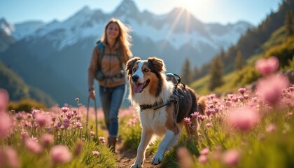 Happy woman hikes with dog on mountain trail through blooming flowers. Adventure couple travel together in summer. Dog wears pack. Backpacking in nature. Hiker walks with best friend.