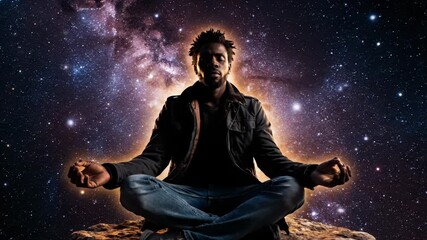 Man practices meditation on rock. Yogi sits crosslegged in levitation. Galaxy and starfield surround figure in deep space. Cosmic aura radiates around serene figure. Scene conveys spiritual wonder.