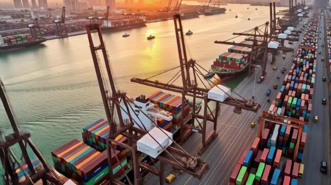 Aerial view of shipping container port terminal. Colourful pattern of containers in harbor. Maritime logistics global inport export trade transportation.