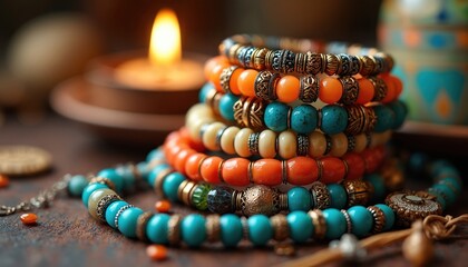 Colorful beaded bracelets in various patterns, shades of orange, blue, cream stacked near lit candle on textured surface. Handcrafted accessories evoke bohemian spirit. Jewelry pieces arranged