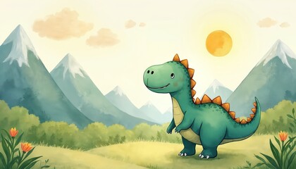 Fototapeta premium Cute cartoon dinosaur smiles happily in bright watercolor landscape. Green rolling hills, majestic snow-capped mountains, warm sun, fluffy clouds, orange flowers bloom. Cheerful, peaceful nature
