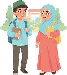 Obraz premium Muslim Students with Books and Backpack 