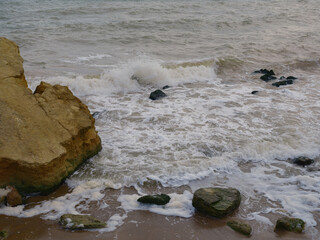 Sea Wave Crashing Rocky Shore Close Up