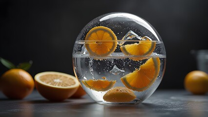 Ultra-Sharp Glass Sphere Holding Citrus and Ice Details In Minimal Modern Composition
