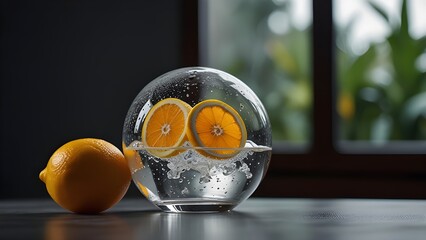 Crystal-Clear Glass Globe Showcasing Floating Citrus Still-Life With Premium Frosted Beverage Glow
