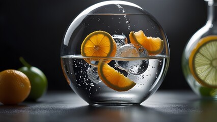 Floating Citrus Slices Encased In Crystal Globe With Clean Frosted Product Aesthetic