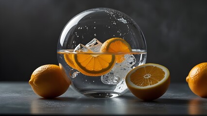 Minimal Modern Glass Globe Featuring Fresh Citrus Still-Life And Cold Condensation Highlights