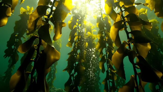 Swaying kelp and seaweed underwater shimmer. Sunlight pours down in bright sunbeam shafts. Marine algae form dense forest of tall fronds. Ocean world shows slow motion and drifting particles. Calm.