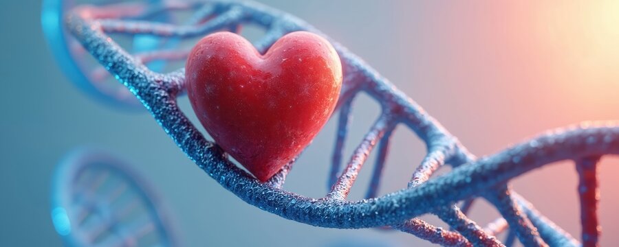 Radiant red heart rests gracefully on sparkling blue DNA double helix structure. Illustration signifies genetics, cardiovascular health, life. Love, medical research, human biology, science - Powered by Adobe