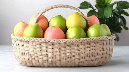 Isolated of fresh mangoes neatly arranged in a wicker basket creating a natural look on a white background Stock Photo with side copy space