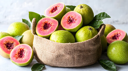 Guava. vivid, detailed, surprised, sophisticated,Fresh green figs in a white bowl with textured cloth background