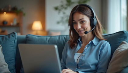 Woman in headset looks at laptop screen. She works from home as remote worker freelancer. Lady using computer on sofa talks online. Video call consultation conference concept