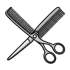 Scissors and comb icon, black and gray, representing a hairdresser or barbershop, sticker style