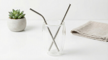 Eco-Friendly Reusable Metal Straws in a Glass for Sustainable Living