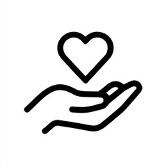 Hand holding a heart icon, black and white, representing a charity and support symbol, minimalist line art
