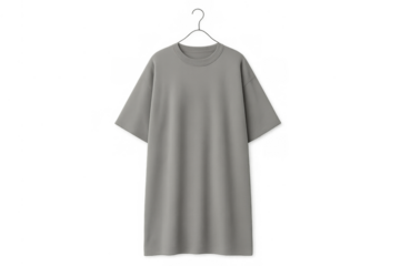 Gray casual t-shirt dress mockup hanging on a clothes hanger isolated on a transparent background