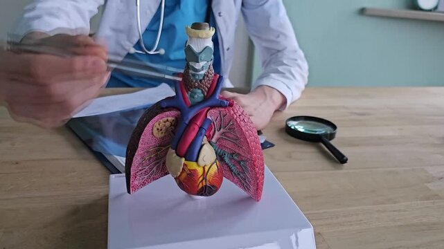 Medical professional demonstrates anatomy using a model of the heart and lungs in a clinic setting with tools present