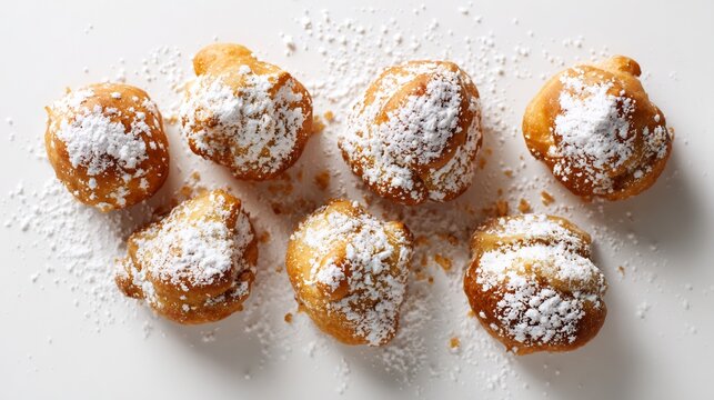 Overhead view of Italian zeppole pastries dusted powdered sugar arranged on a clean white background for bright festive dessert imagery