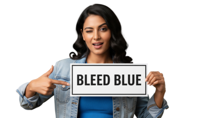 Excited woman winks and points to a sign displaying "Bleed Blue" text.