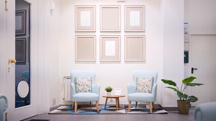 Empty waiting room seating area with blank frames